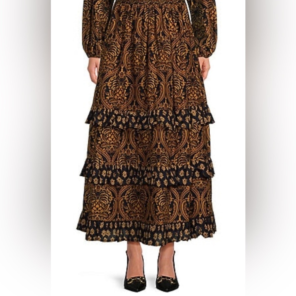 A Loves A Damask Print High Rise Tiered Maxi Skirt,Small,Victorian Renaissance